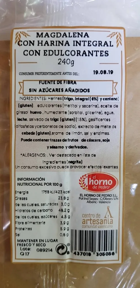 Magdalena con harina integral con edulcorantes