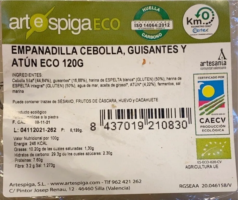 Empanadilla cebolla, guisante y atún eco 120g