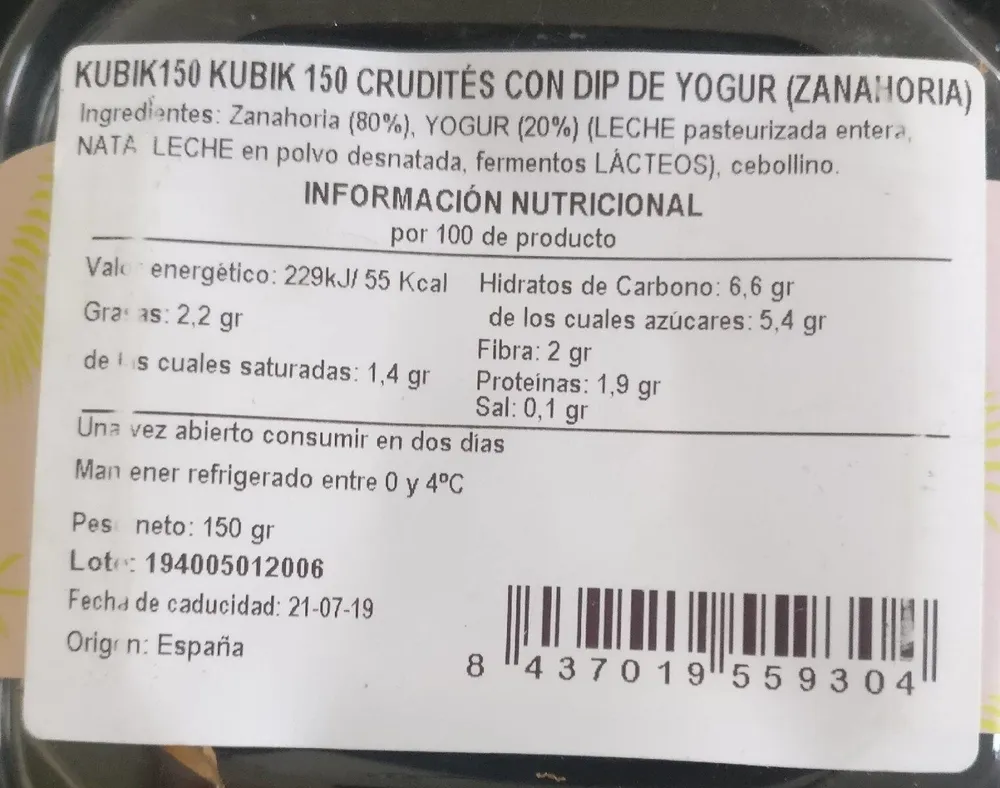 Kubik fresh cut - crudités y dip de yogurt