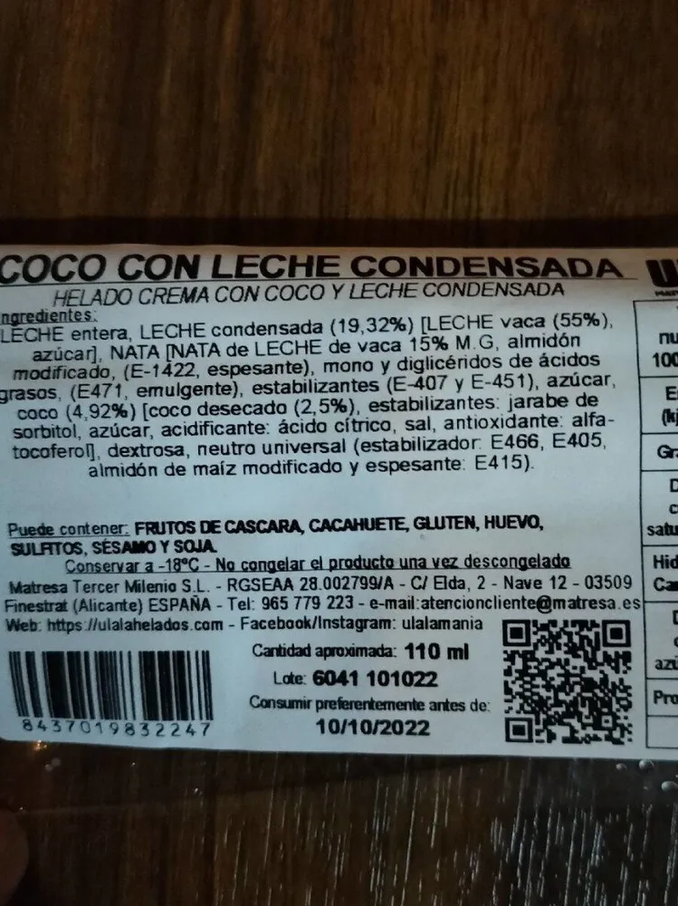 Helado coco con leche condensada