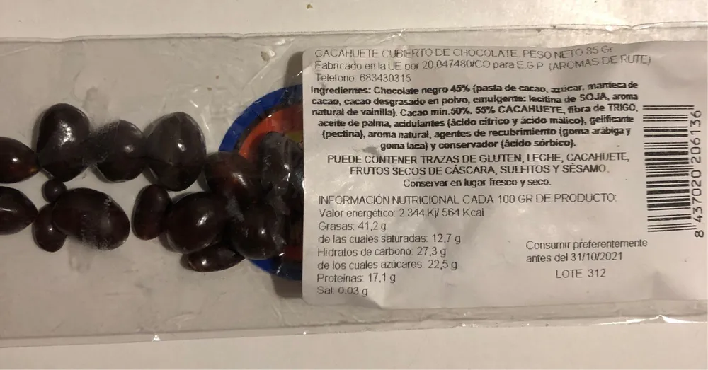 Cacahuete cubierto de chocolate