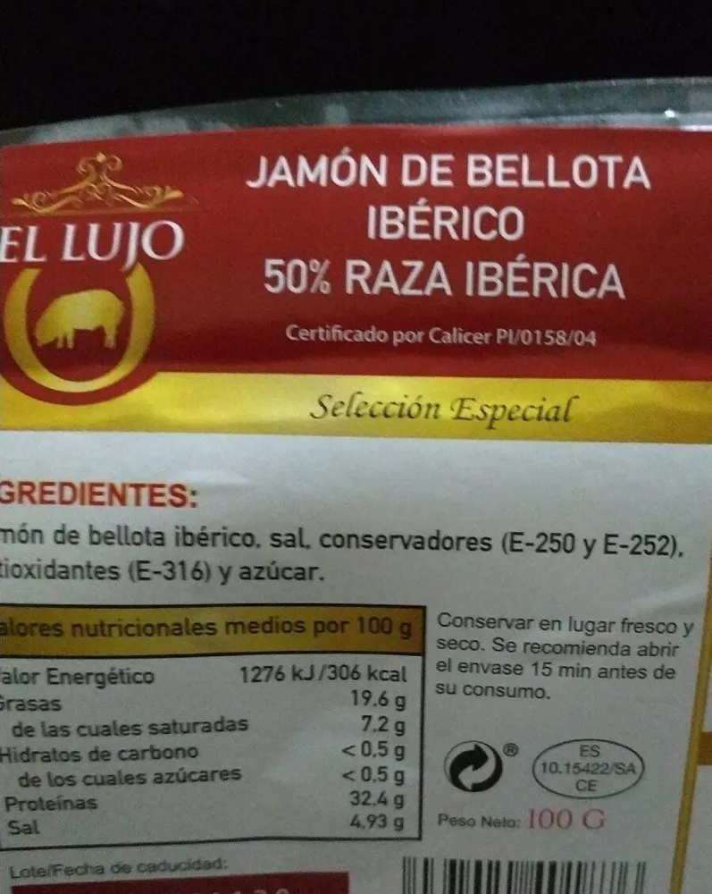 Jamón de bellota ibérico 50% raza ibérica