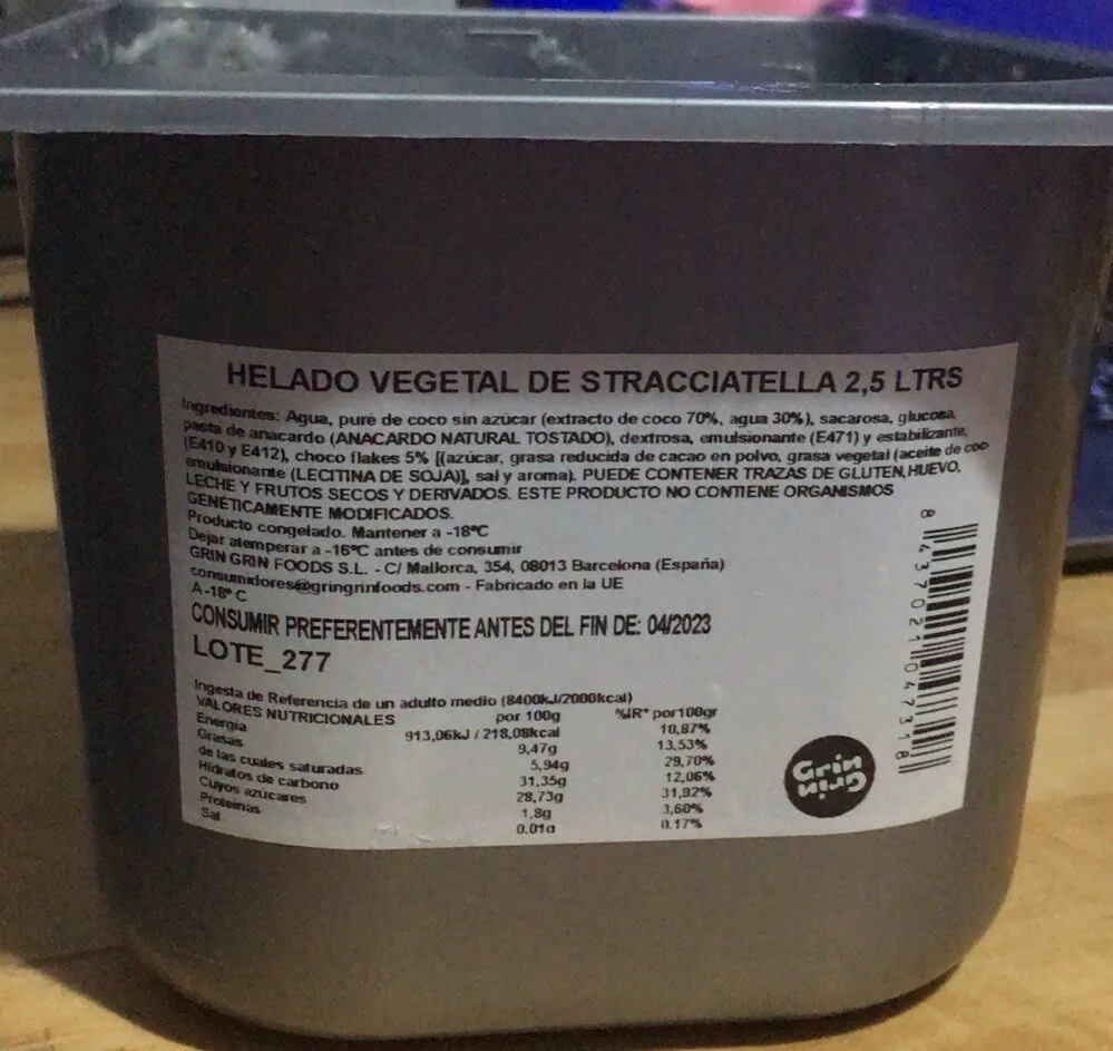 Helado vegetal de stracciatella 2,5 Ltrs