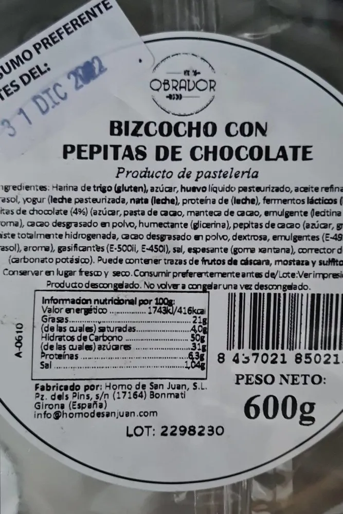 Bizcocho con pepitas de chocolate