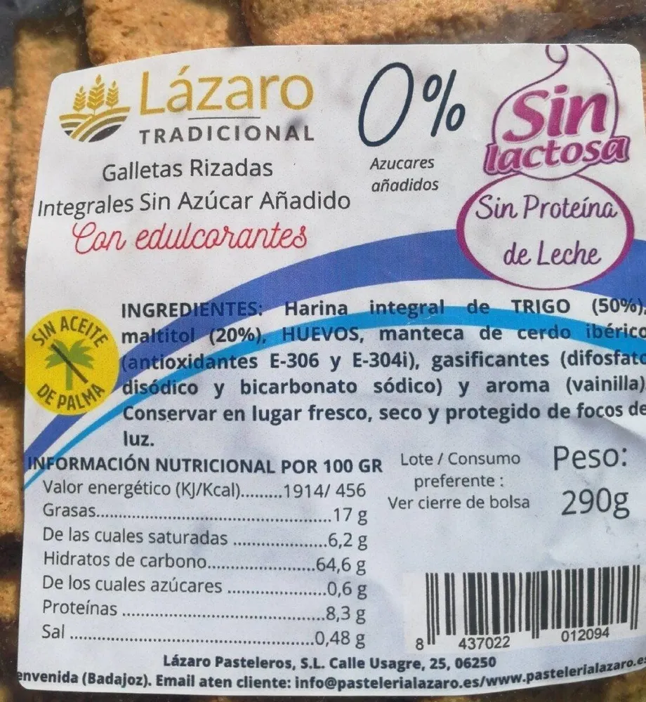 Galletas rizadas integrales sin azúcar añadido
