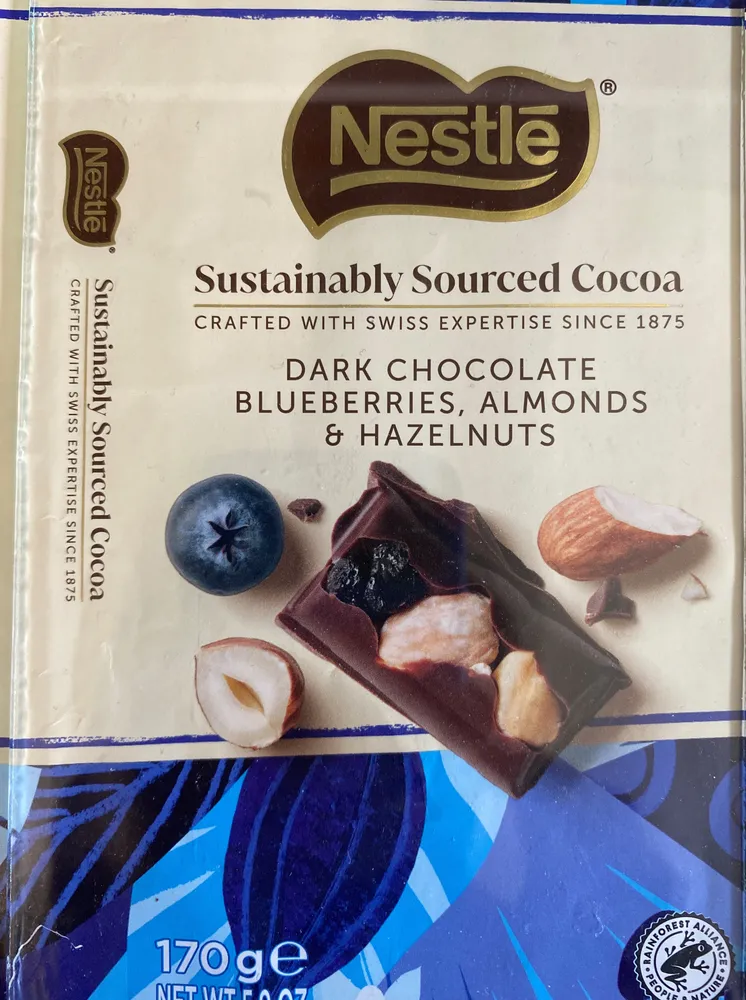 Dark chocolate with Blueberries, almonds and hazelnuts. Sustainably sourced cocoa