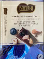 Dark chocolate with Blueberries, almonds and hazelnuts. Sustainably sourced cocoa