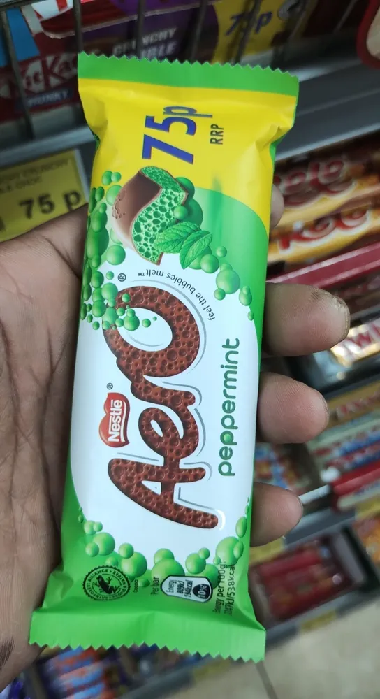 E per 100g 538kcal Nestle Aero 75 peppermint feel