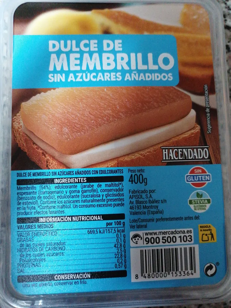 Dulce de membrillo sin azúcares añadidos