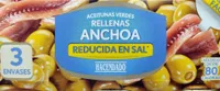 Aceitunas verdes rellenas de anchoas. Reducida en sal