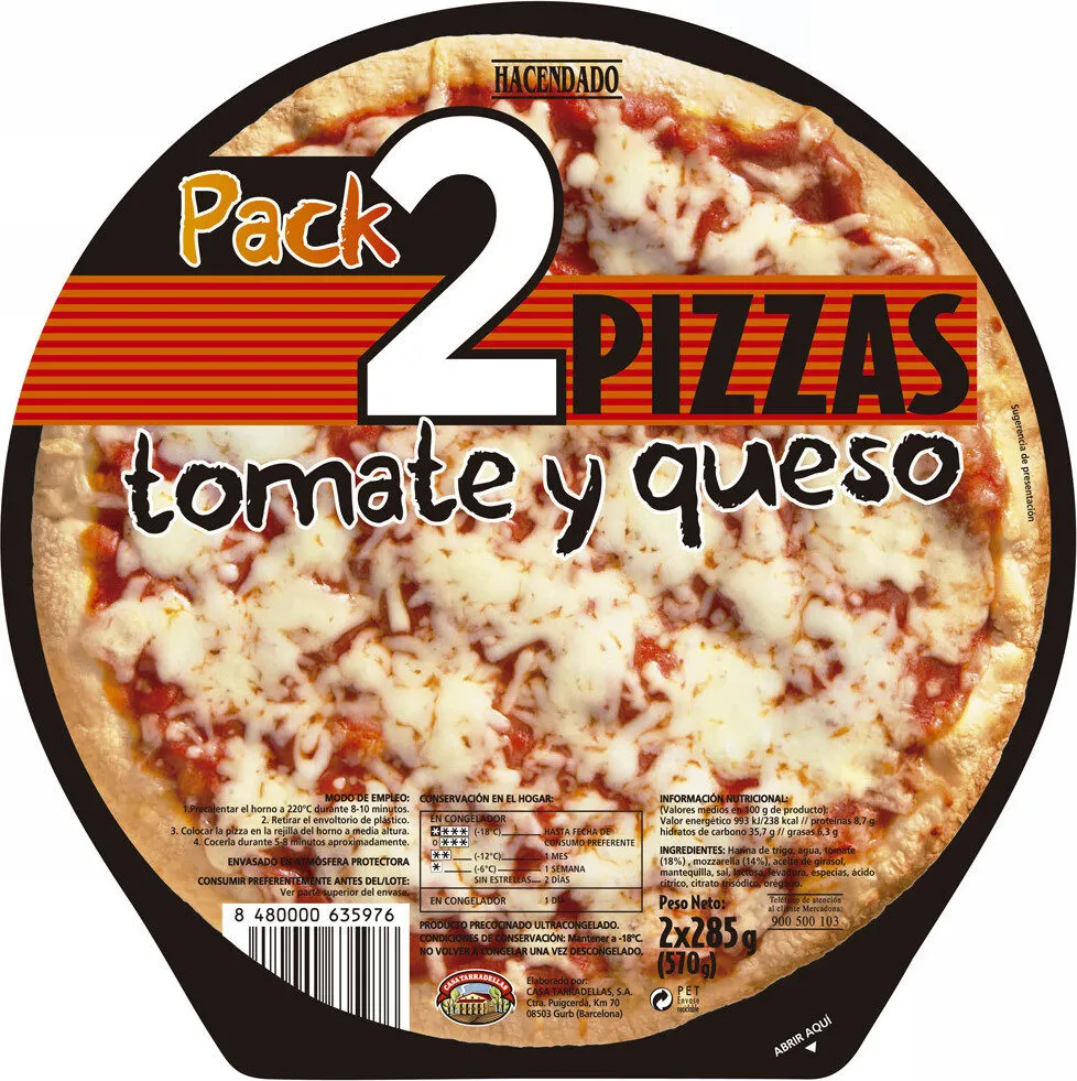 2 pizzas tomate y queso