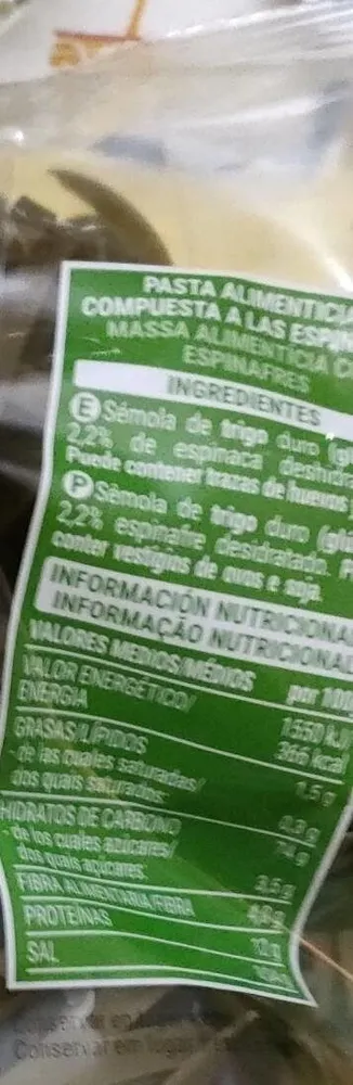 Pasta alimenticia compuesta a las espinacas