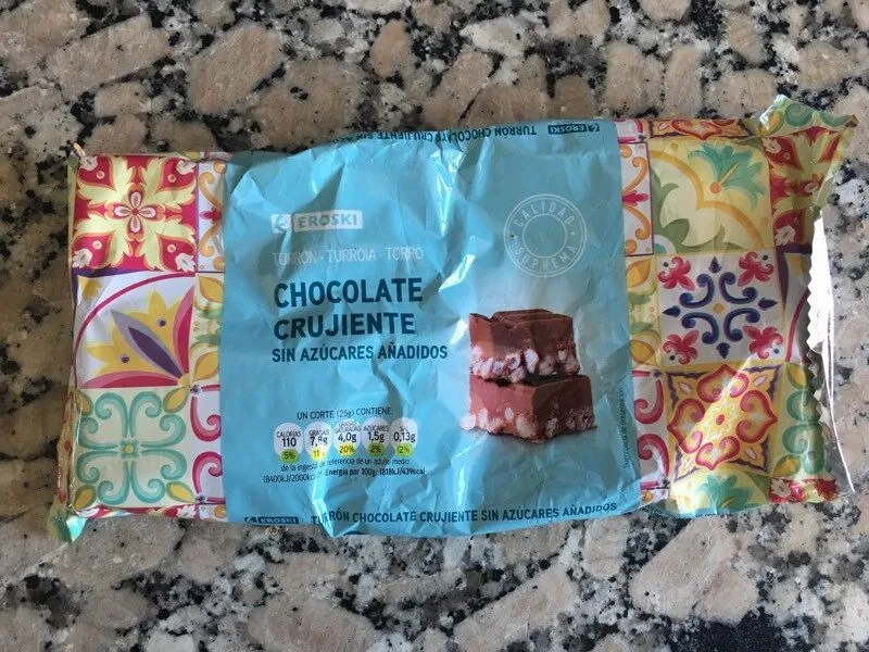 Turrón de chocolate crujiente sin azúcares