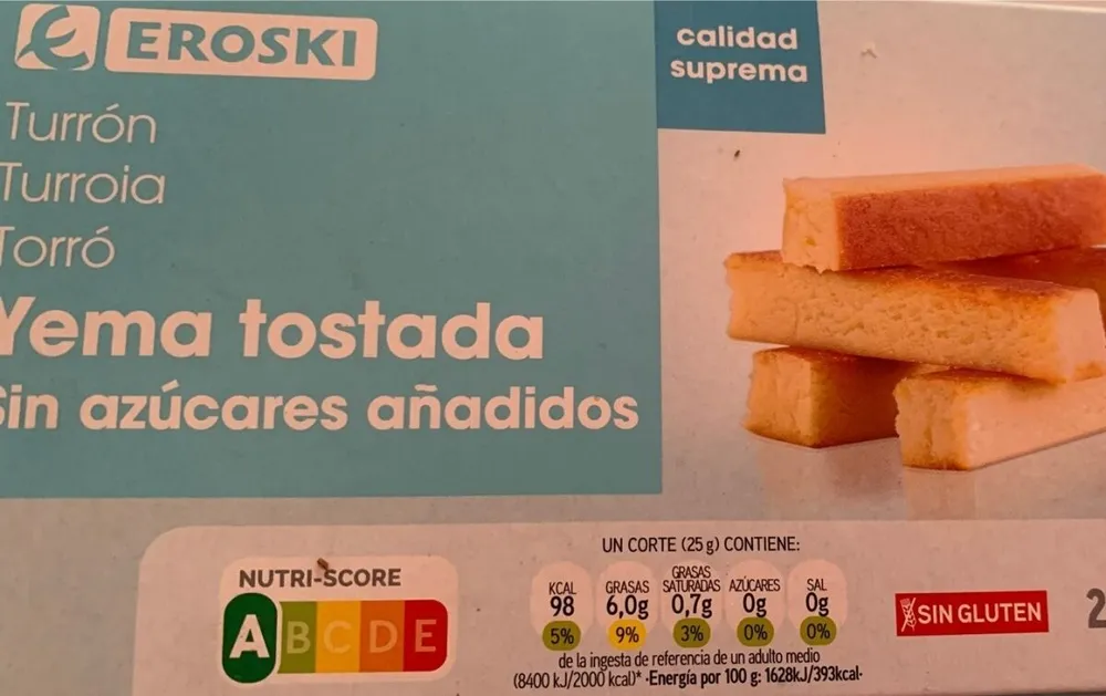 Turrón de yema tostada sin azúcares añadidos