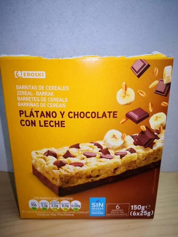 Barritas de cereales plátano y chocolate con leche