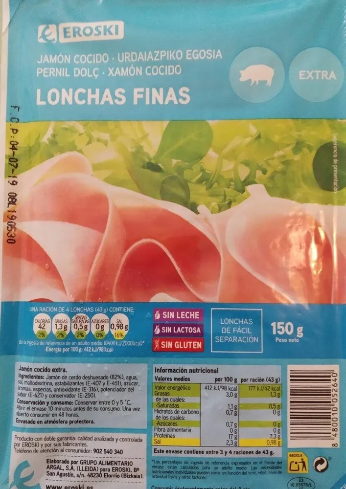 Jamón cocido lonchas finas