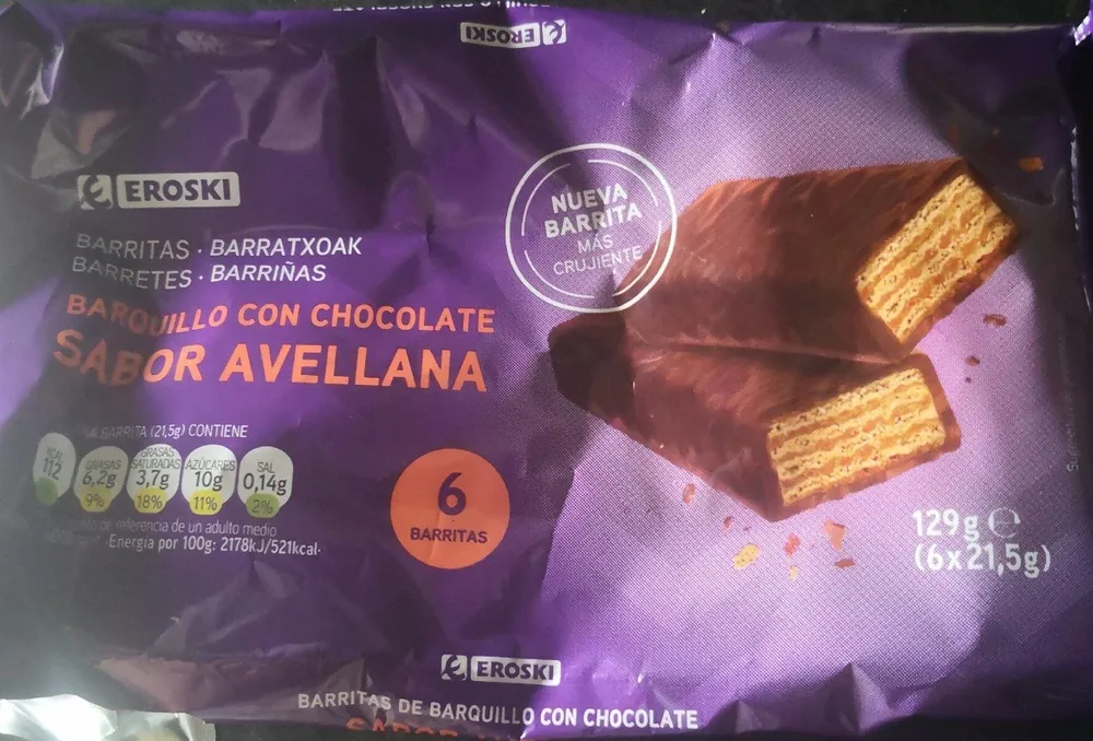Barquillo con chocolate sabor avellana