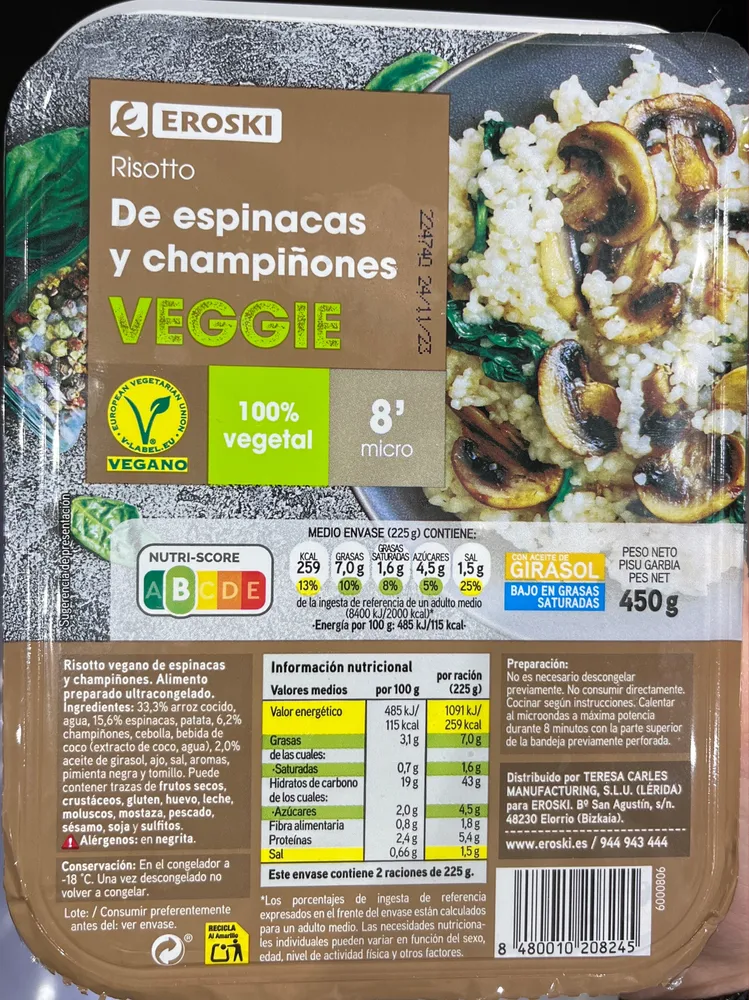 Risotto de espinacas e champinones
