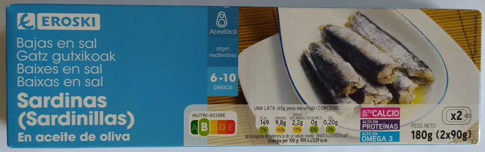 Sardinas (sardinillas) en aceite de oliva bajas en sal