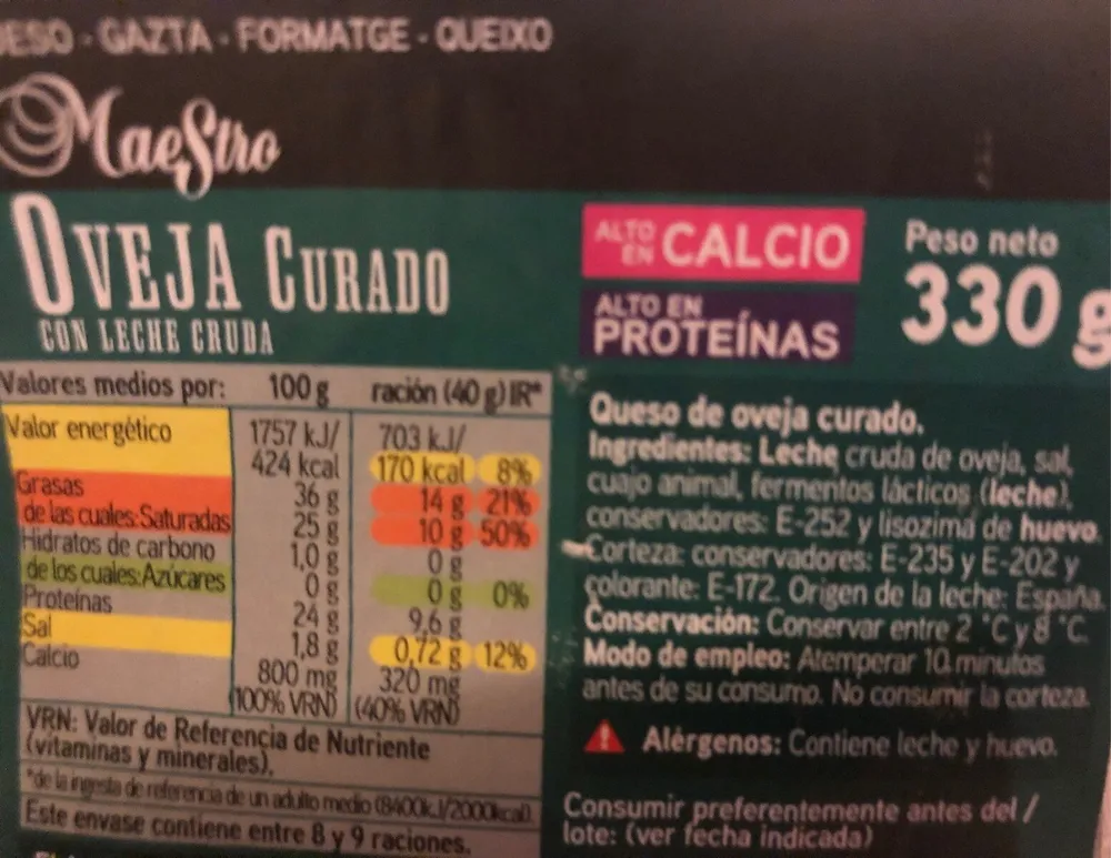 Queso de oveja curado con leche cruda