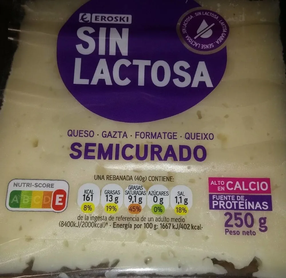 Queso semicurado sin lactosa