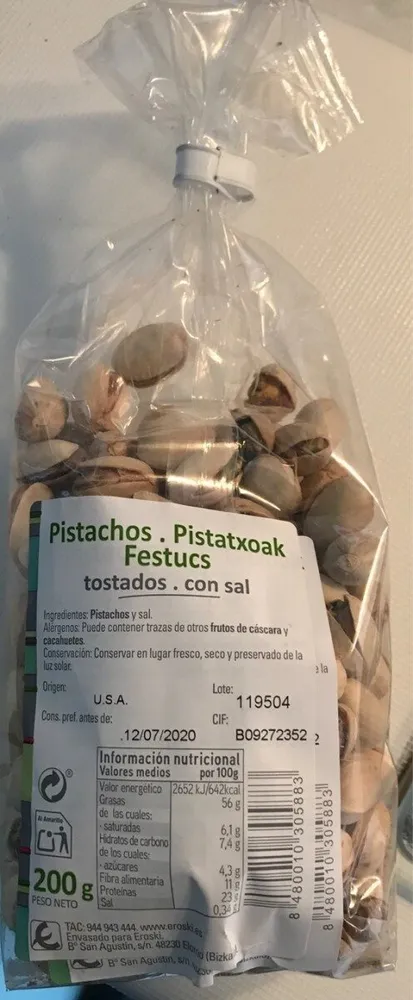 Pistachos tostados con sal