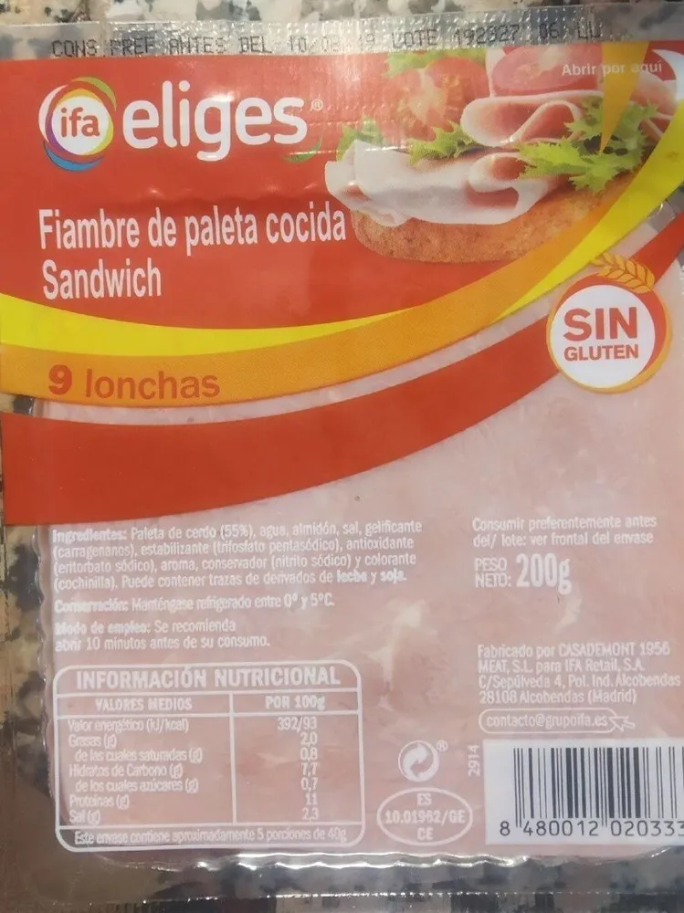 Fiambre de paleta cocida sandwich
