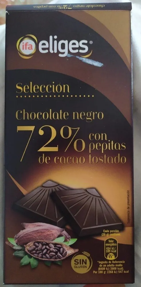 Chocolate negro 72% con pepitas de cacao tostado