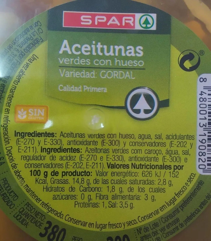 Aceitunas verdes con hueso