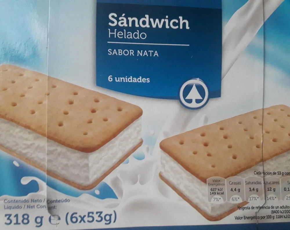 Sándwich helado sabor nata
