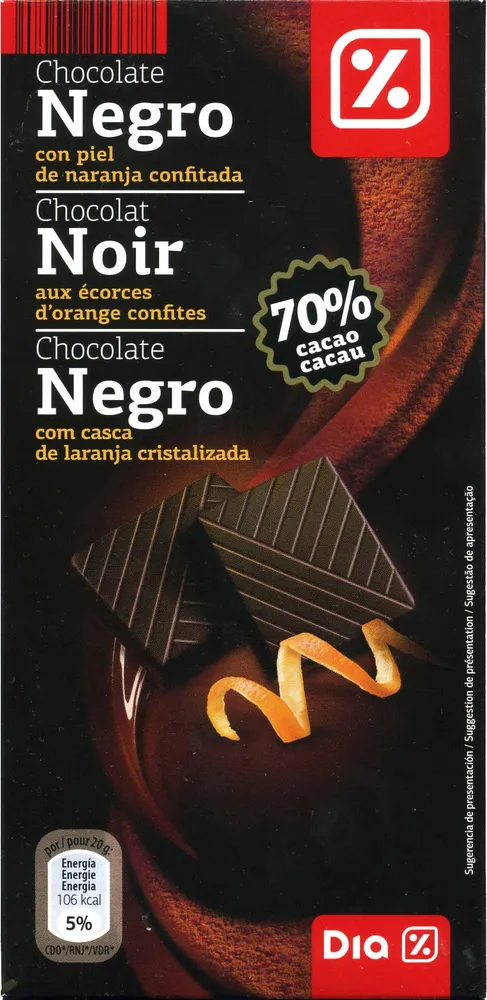 Chocolat noir aux écorces d'orange confites. 70% cacao