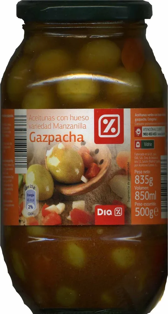 Aceitunas verdes partidas aliñadas a la gazpacha "Dia" Variedad Manzanilla