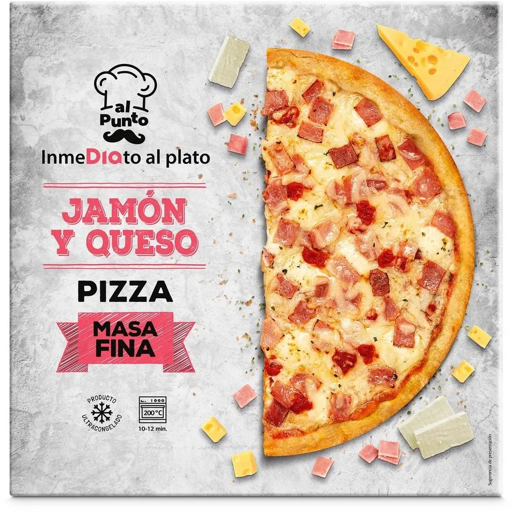 Pizza masa fina de jamón y queso