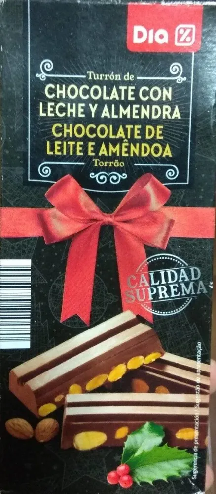 Turrón de chocolate con leche y almendra