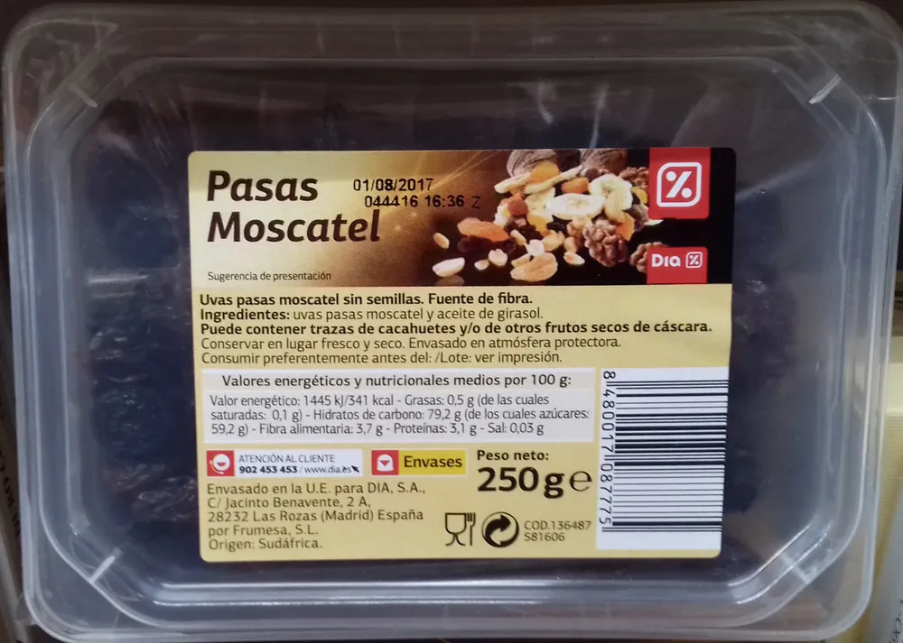 Uvas pasas moscatel sin semillas