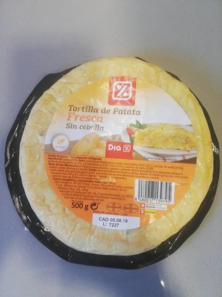 Tortilla de patata fresca sin cebolla