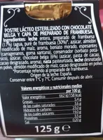 Postre lácteo esterilizado con chocolate belga y capa de preparado de frambuesa