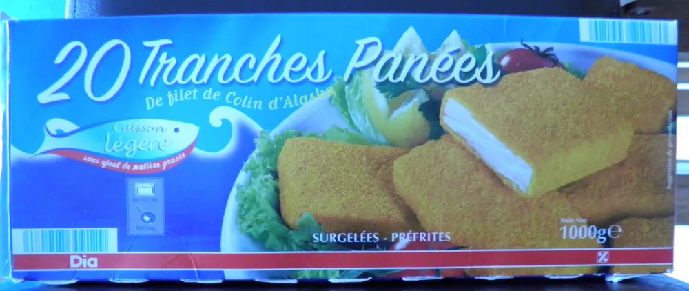 20 Tranches Panées de filet de Colin d'Alaska, Surgelées, Préfrites