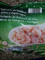 Salteado de gambas, ajetes y espárragos
