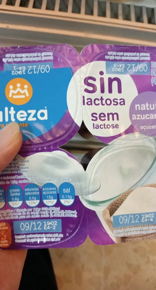 Yogurt natural sin lactosa azucarado