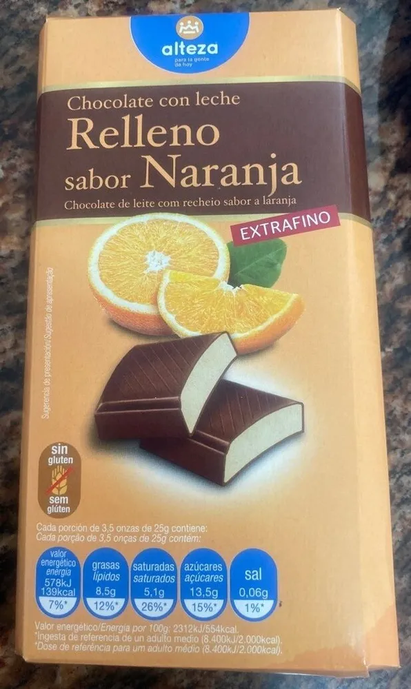 Chocolate con leche relleno sabor naranja