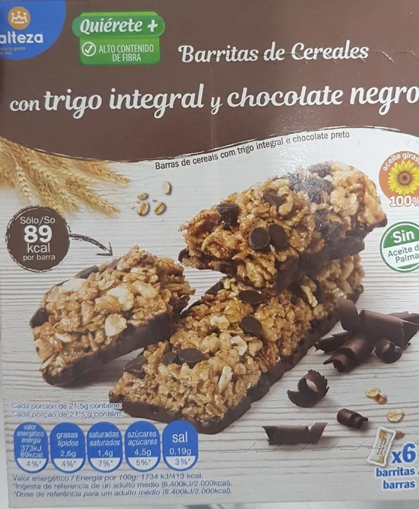 Barritas de cereales con trigo integral y chocolate negro