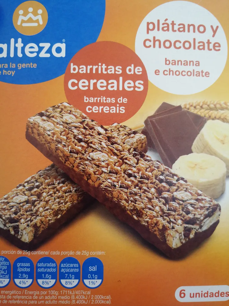 Barritas de cereales plátano y chocolate