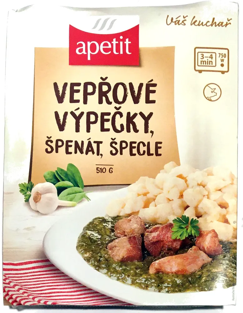 Vepřové výpečky, špenát, špecle