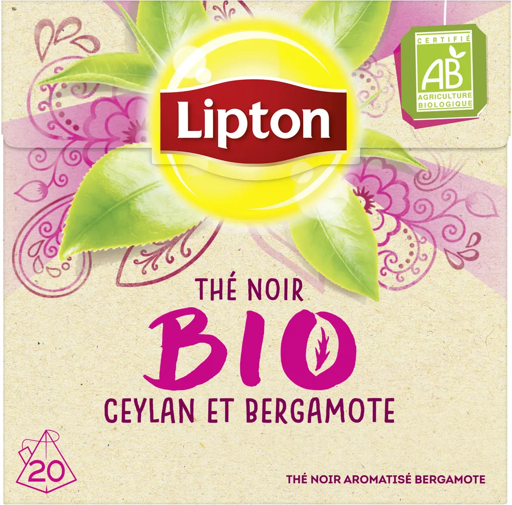 Lipton Thé Noir Bio Ceylan et Bergamote 20 Sachets