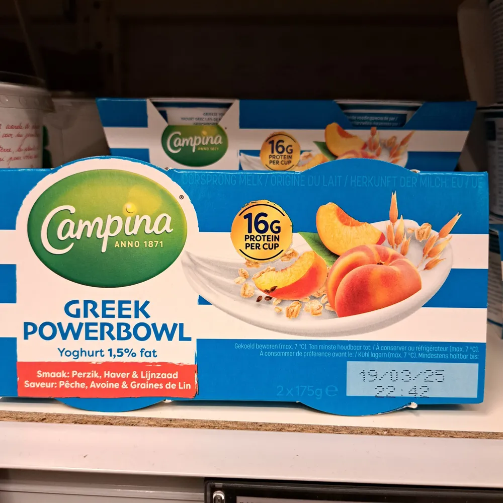 Greek Powerbowl Yoghurt 1,5% fat, Perzik, Haver & Lijnzaad