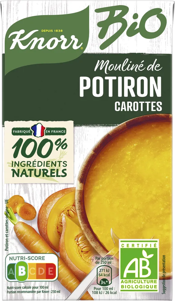 Knorr Soupe Liquide Bio Mouliné de Potiron Carottes 1L