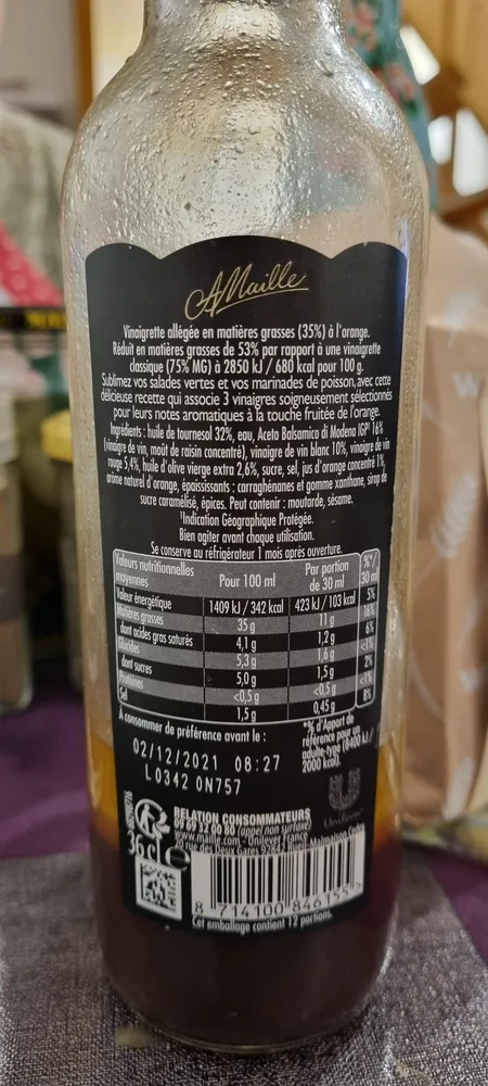 Maille Vinaigrette Légère aux 3 Vinaigres Pointe d'Orange 36cl