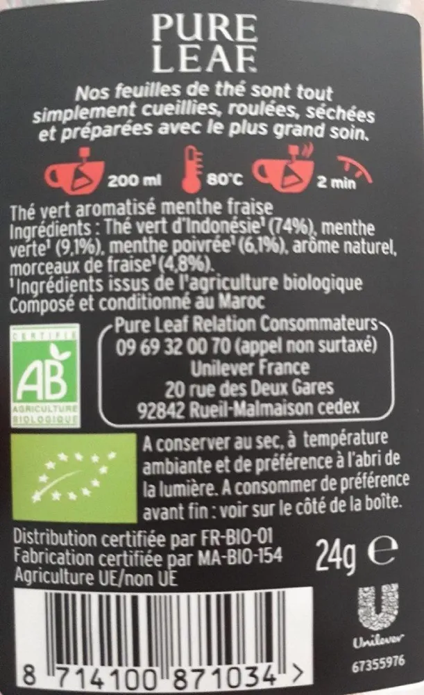 Pure Leaf Thé Vert Bio Fraise Menthe 15 Sachets