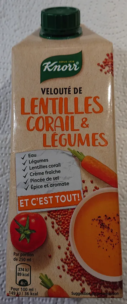 KNORR Soupe Liquide Velouté de Légumes & Lentilles Corail 750ml